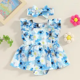 Kleidung Sets Baby Girl 2 Stück Sommer Set Sleeve Square Neck Blume Strampler Kleid Süßes Stirnbandkind Kleinkind Outfits für 0-18 Monate