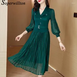 Casual Dresses 2024 Elegant Button Solid Hollow Sweet Chic 3xl Strecth Pink Midi V-Neck Long Sleeve Female Robe Women's Lady