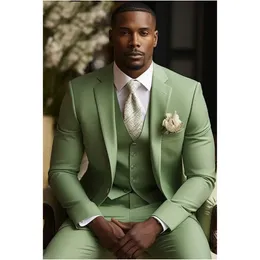 Sage Green Men Suits Garden Wedding Tuxedos Groom Wear Spring Three Pieces Slim Fit Prom Party Blazer Pants Vest Groomsmen Suit