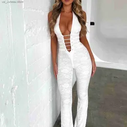 Basic Casual Kleider Hirigin Chic Women Spitze Spitze Overalls Halfter Hals Kreuz Rückenless Slveless Long Rompers Sommer Slim Playsuit Clubwear Ropa de Mujer 1 T240415