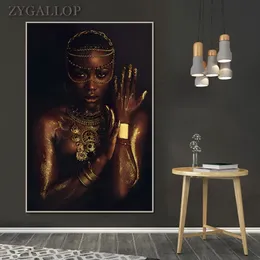 African Woman Posters and Prints Black and Gold Women Oil Painting On the Wall Modern Art Canvas Picture for Living Room Cuadros209S