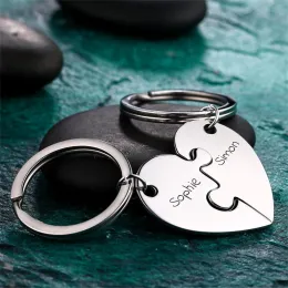 Rings Custom Engraved Heart Puzzle Couple Keychain Set Personalized Customized Letter Key Chain Stainless Steel Engraved Name Keyrings