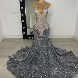 Sier Halter Long Mermaid Prom per ragazze nere in perline di strass in perline di abiti da festa di compleanno in cristallo di tulle