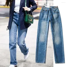 Kvinnors jeans visvade vintage mamma kvinnor England high street tvättade blå kedja midja raka denim byxor