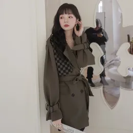 Koreanische Frauenwind Breaker 2024 Frühling Autumn-Schachbrettnähte Lady Mantel lässig locker, langärmelige Trenchcoat