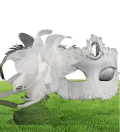 Venetian Masquerade Dance Ball Mask Wedding Party Fancy Dress Eyemask On Stick Maski Lily Flower Lace Feather Hold Stick Mask9257035