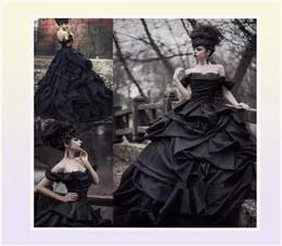 Vintage Black Ball Gown Wedding Dresses Off The Shoulder Full Length Long Cascading Ruffles And Ruched Gothic Bridal Gowns 2022 Me1718808