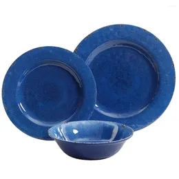 Plates Mauna 12 PC 식기류 세트 -Cobalt Blue Crackle Look 데칼 멜라민 디너 세라믹 서빙 요리