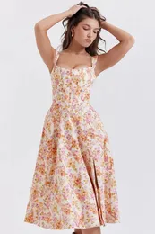 Casual Dresses 2024 Summer Elegant Pink Floral Dress Women Tank Corset A Line Kne Len längd Bekväm Bohemian dagligen