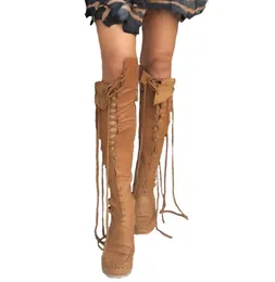 Высококачественные новые кожаные ботинки для женщин для женщин сексуальные кружевы на коленных сапогах с загарами сапог в стиле мокасин женщины большой размер x08388405