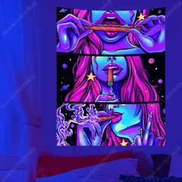 Cool fumante ragazza UV Arazzo reattivo hippie arazzi psichedelici arte estetica kawaii parete appesa arredamento camera da letto