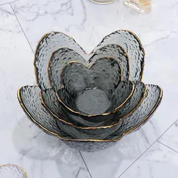 Bowls Creative Glass Petal Bowl Smoke Gray Golden Rim Transparent Home Fruit Salad Light Luxury Cute Decorative Tableware