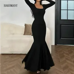 Vestidos casuais 2024 mulheres de manga cheia alongamento básico bodycon rabinho de peixe sexy colarinho de malha de malha de algodão bainha maxi sereia longa