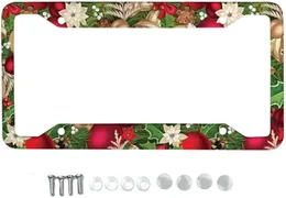 License Plate Frame with 4 Holes Christmas Red Gold Bell Pattern Weather-Proof Metal Car Tags for All Standard Vehicles 12x6inch