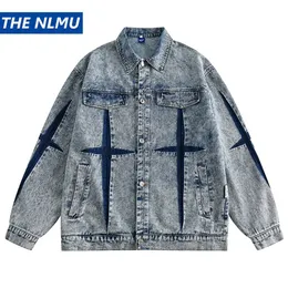 MEN VINTAGE Blue Denim Jacket Cross Plateed Harajuku streetwear Hip Hop Jeans Juns Man Y2K Jacket Outwear 240408