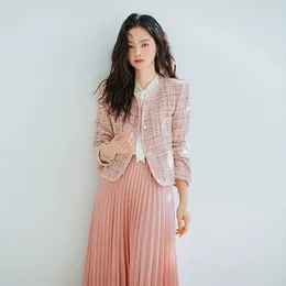 Tweed Small Fragrant Wind Twopiece Set Vintage Pink Plaid Jacket Style Short Aline Skirt High Quality Office Lady Waist Suits 240412