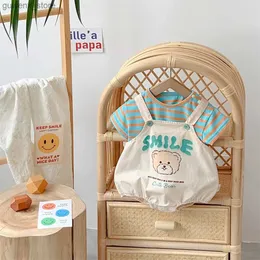 مجموعات الملابس 2024 صيف جديد في الأطفال Baby Boys Girls Conte Cartoon Clothing Set 2PCS 3M-3Y Thirts Striped Thirts+Print Bear Gails Y240412