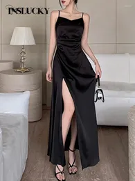 Sukienki zwyczajne Inslucky-Women's Spaghetti Pasek Elegancka sukienka wieczorowa fałduje rozcięcie wysokiej talii Sexy Bodycon żeńska solidne ubrania bez rękawów