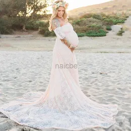 Maternity Dresses Tailed Maternity Photography Dress Lace Flying Sleeves Solid Color High Waist Classic Daily Banquet Round Neck Pregnant Dresses 240412