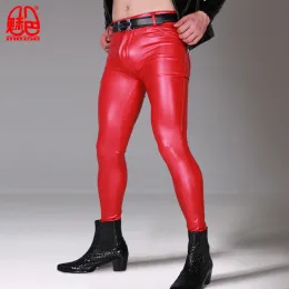 Calça quente modis homens sexy pvc palco dança usa fetiche falso couro de couro calças skinny calça de legging gay club dança desgaste erótico brilhante