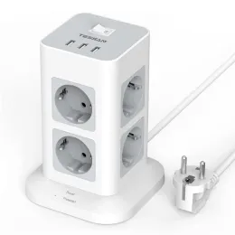 Plugs Vertical Power Strip Flera tornuttag Surge Protector EU Plug med 3 USB 8 -uttag Byt 2M förlängningskabel Hemma kontor