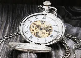 Vine Silver Roman Number Mechanical Pocket Watch Double Open Case Fob Watch P803C5348951