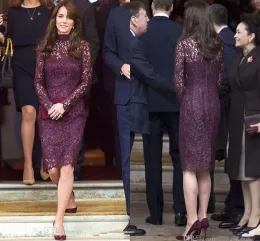 Abiti a pizzo completo della sposa abiti eleganti abiti da ospite al collo alto viola con maniche 2024 Abito della madre lunghezza del ginocchio