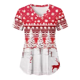 Christmas Nurse Uniforms Women Funny V Neck Xmas Tree Print Short Sleeve Working Shirts Medical Nursing Blouse Uniform Workwear