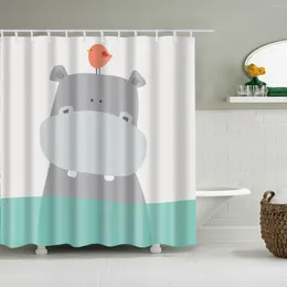 Cortinas de chuveiro CARAÇÃO DE CARACTURA HIPPOPOTAMUS Cortina de estampa de animais Tecido à prova d'água Flores simples e artes da planta Pintura de banheiro decoração