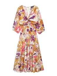 Traf eleganckie kobiety wydrukowane sukienka środkowa wiosna damskie lęki puste impreza vintage pół rękawów styl plażowy 240412