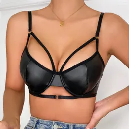 Bras Женская кожаная кожа Sexy Lingerie Buckle Strappy Hollow Hollow Out Bra Gathering Upplowire Push Up Bralette Brasieres Para Mujer