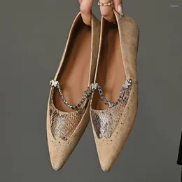 Sıradan Ayakkabı Kadın Doğal Süet Deri Patchwork, Toe Slip-On Daireler Günlük Tek Yumuşak Konforlu Zincir Dekorasyonu