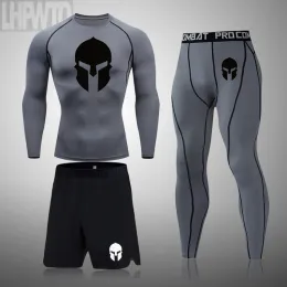 T-Shirts Spartan Men Compression Running Set MMA Long Sleeve TShirt+Pants Men's Tight Fitness Clothes Gym Jogging Rashguard Sport Suit