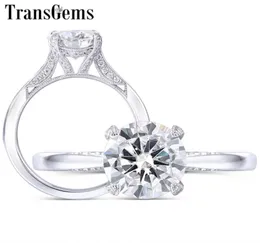 Transgems 14K White Gold Center 15CT 75mm Round F Color Moissanite Ring med accenter för kvinnor Vintage Engagement Bridal Set Y194123331