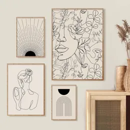 Abstract Bohemian Line Woman Faces Fai Flowers Mid Century Poster Canvas Dipinto di Wall Art Print Piccole soggiorno Decorazioni per la casa