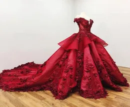 Dark Red Off Shoulder Ball Gown Quinceanera Dresses 3d Floral Appliciques Sweep Train Prom Evening Formal Party Gown1109080