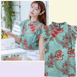 Chinesische Cheongsam -Stil Frauen Blumenchiffon -Hemd Sommerbluse Rüschen Kurzarm Shirts Tops Blusas A3252 2105191810547