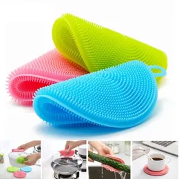 Soft Silicone Scouring Pad Washing Sponge Reusable Kitchen Cleaning Dishwashing Brush Fruit Vegetable Brushes Table Mat