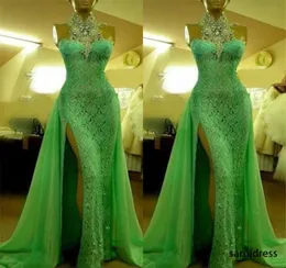 Dubai Green High Neck Sleeves Vestidos de noite Lace Sexy Dress Split Festal Dress Fester Mermaid Prom Dressos Lindas Beading4444846