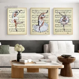 Ballerina Vintage Music Page Canvas Prints Posters Abstract Ballet Girls Wall Art Mural Retro Pictures Home Girl Bedroom Decor