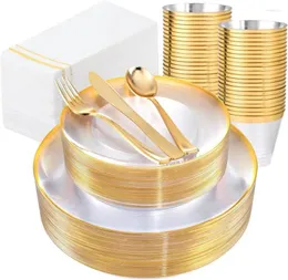 Disposable Dinnerware 350PCS Clear And Gold Plastic Plates - Set For 50 Guests Include 100