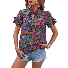 Soft Stretchy Blouse Ethnic Style Floral Print Womens Summer Shirt with Stand Collar Ruffle Short Sleeve Loose Fit for A 240412