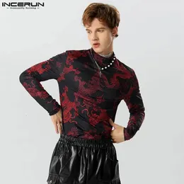 INCERUN Men T Shirts Vintage Printing Turtleneck Long Sleeve Autumn Casual Camisetas Streetwear Fitness Undershirt S-5XL 240327