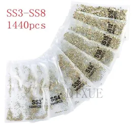 SS3SS8 1440pcs Clear Crystal AB Gold Flack 3d Non -Fix Flatback Nail Art Dekorationen Strasssteine für Kleidung 07319611914