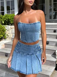 Women Blue Denim 2 Piece Skirt Set Sexy Cropped Strapless Tube Top and Pleated Short Summer Party Club Outfits 240412