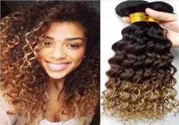 1B427 Honey Blonde Ombre Brazilian Hair Weaves Dark Roots Three Tone Human Hair Extensions Deep Curly Wave Virgin Ombre Hair 3B2326868