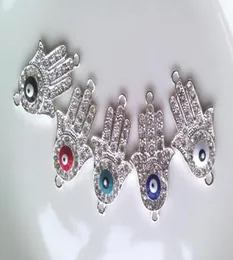 5 colors Silver Plated Alloy Crystal Sideways Evil Eye Hand Hamsa Bracelet Connectors Bracelet Charms Jewelry Finding amp Compon9180859