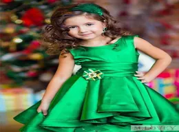 Satin Emerald Green Kids Girls Pageant Dresses Party Dress with Crew Neck High Low Girls Formell klänning1495835