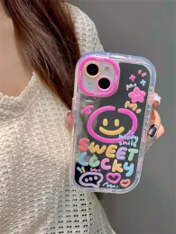 Sweet Lucky Smile Pattern Makeup Mirror Hard Back Case para iPhone 13 15 Pro Max 14 11 12 Capa à prova de choque de menina fofa