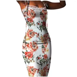 Sukienki swobodne elegancka krawat u dółko-nokół kobiety spaghetti kamizelka kamizelka kwiatowa sukienka Letnia koronkowa panel bodycon długa piżama